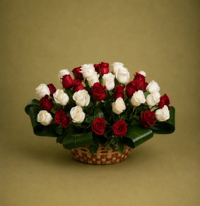 Panier de roses rouges et blanches